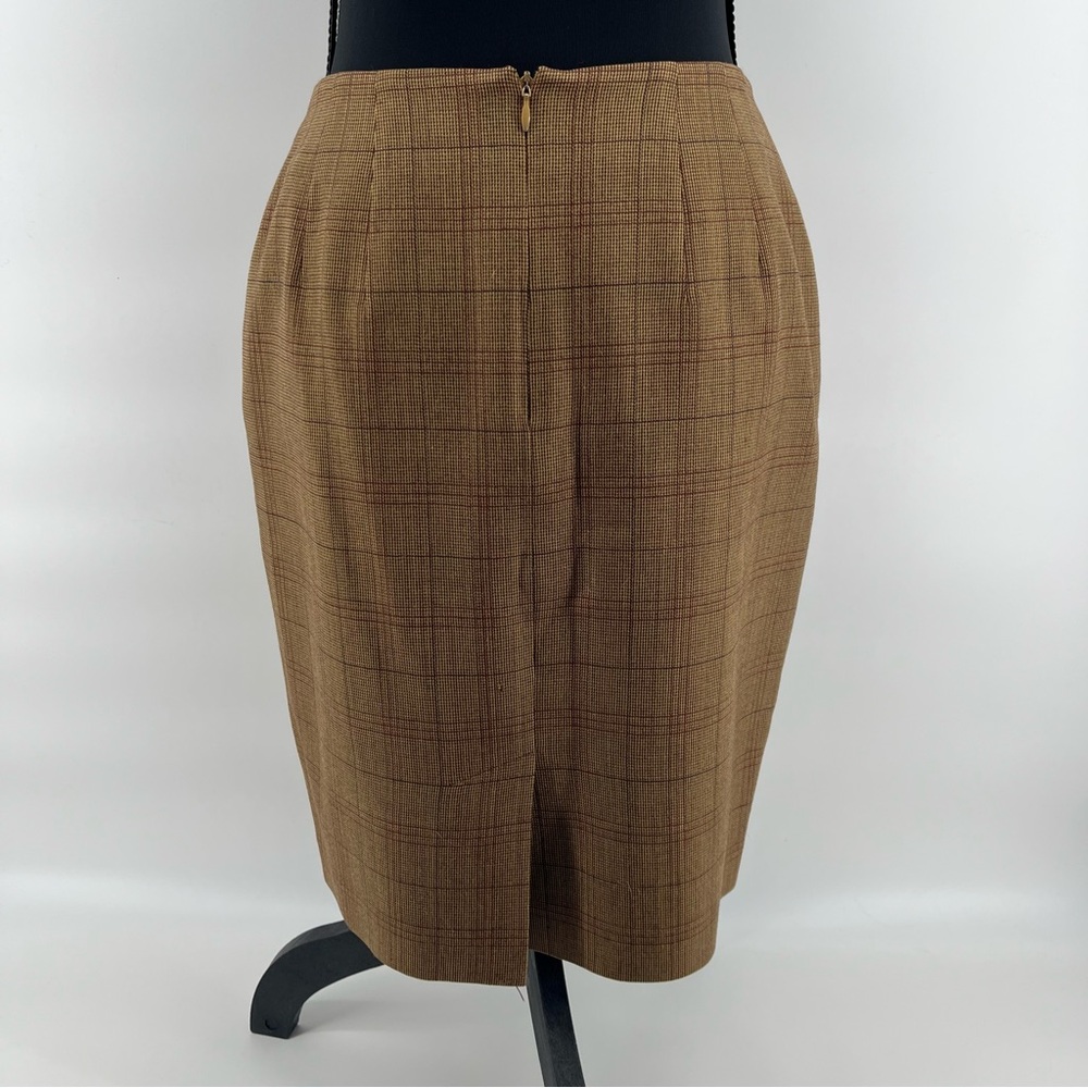 Vintage Ellen Tracy Petite Preppy School Girl Wool Brown Plaid Pencil Skirt - Picture 2 of 8
